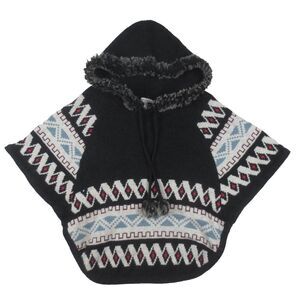 American Rag Park City Knitwear Poncho M / L Charcoal Aztec Print Faux Trim Hood